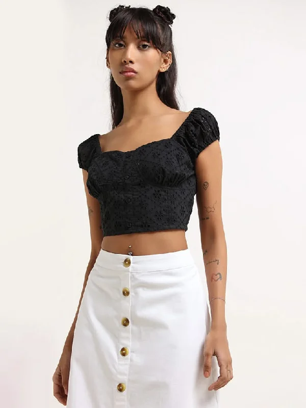 Bombay Paisley Black Cotton Schiffli Crop Top