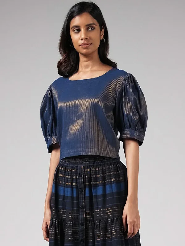 Bombay Paisley Blue Golden Striped Cotton Top