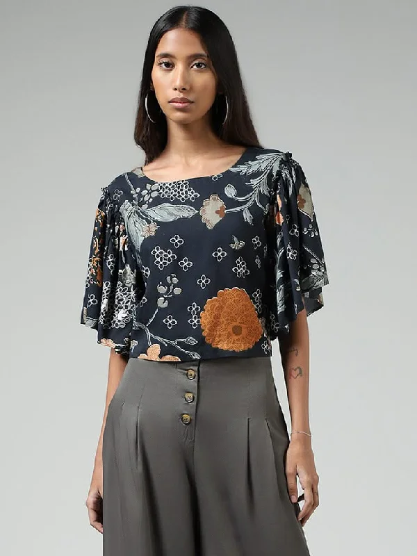 Bombay Paisley Deep Blue Nature Printed Cotton Crop Top