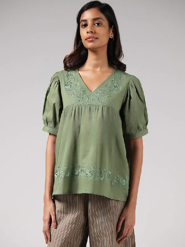 Bombay Paisley Green Floral Embroidered Cotton Top