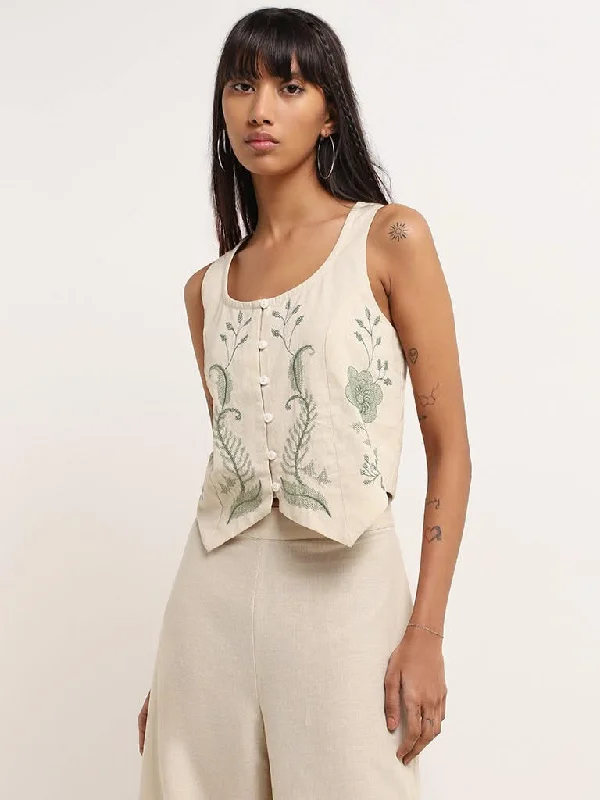 Bombay Paisley Off-White Embroidered Cotton Crop Top