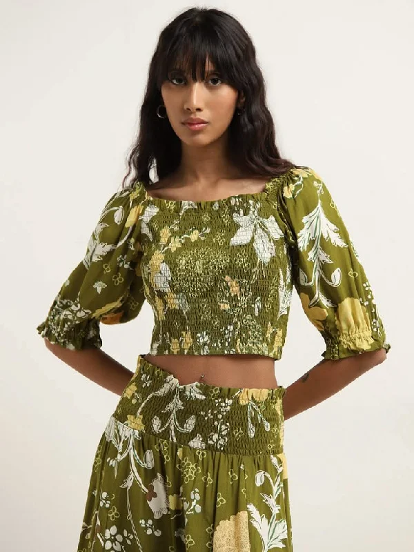 Bombay Paisley Olive Foliage Print Smocked Top