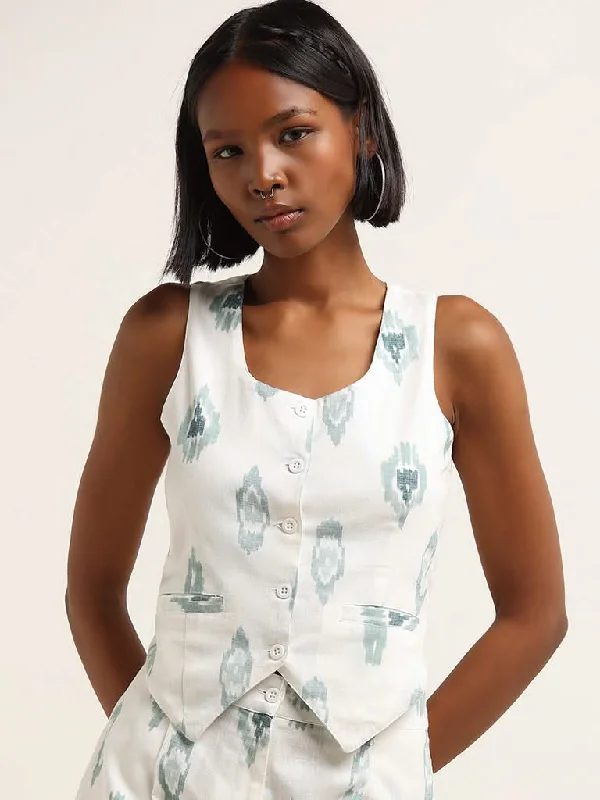 Bombay Paisley Teal Ikat Printed Cotton Blend Top