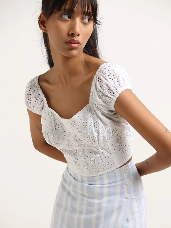 Bombay Paisley White Cotton Schiffli Crop Top