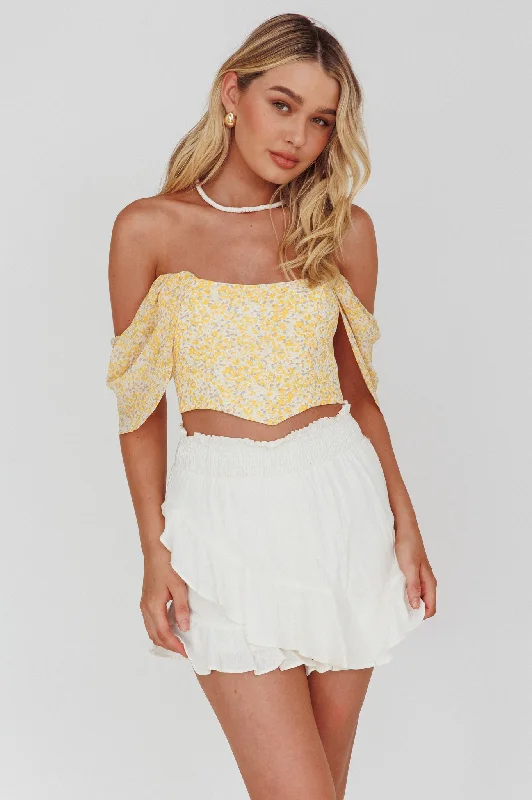 Brandy Off-Shoulder Pointed Hem Crop Top Mottled Print Yellow