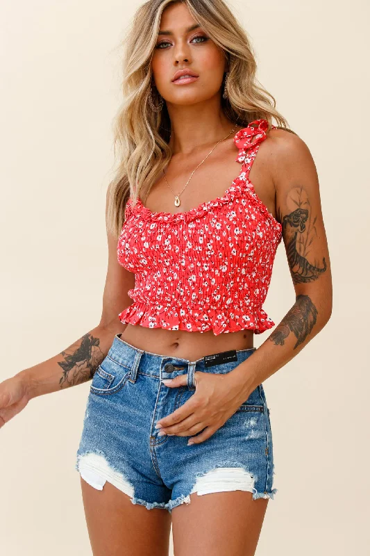 Daisy Chain Tied Shoulder Shirred Crop Top Floral Print Red