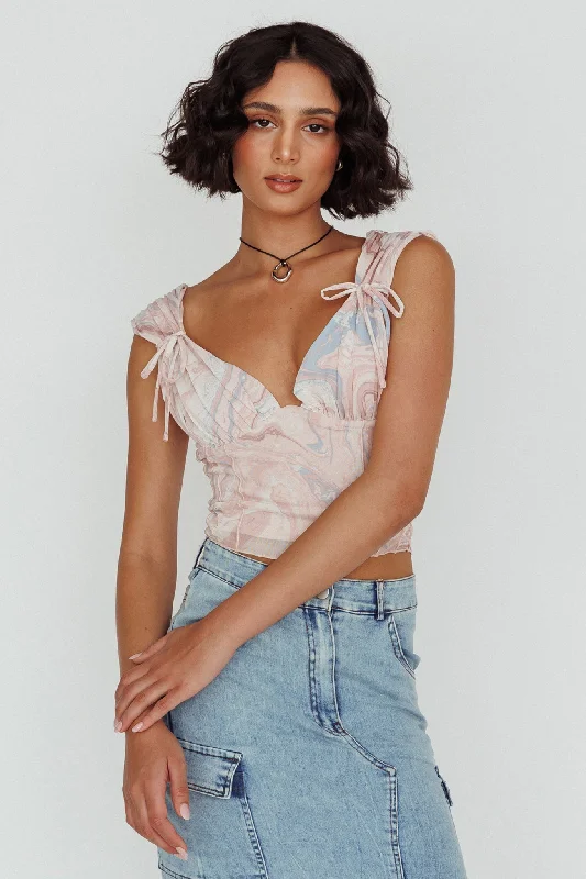 Fairfax Shoulder Tie Crop Top Pink Multi