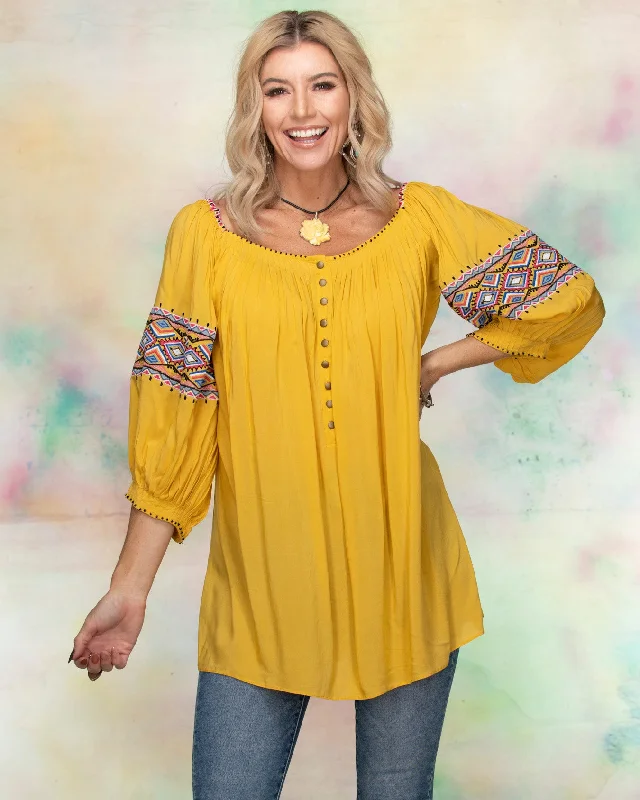 Julia Dijon Yellow Embroidered Tunic Top