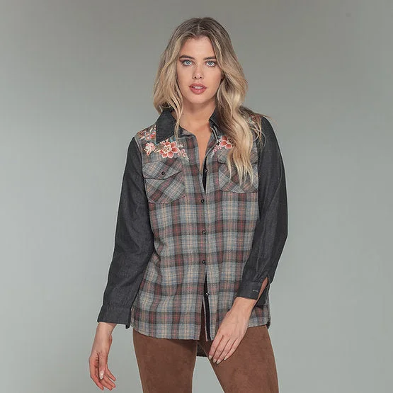 Mavis Embroidered Flannel Black Plaid Shirt