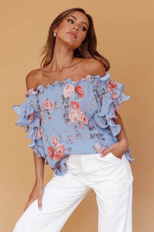 Miranda Off-Shoulder Ruffle Sleeve Top Floral Print Blue