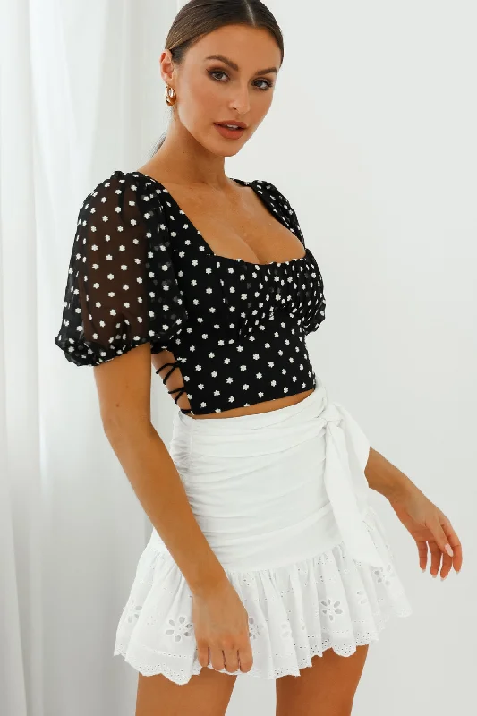 Petite Cherie Puff Sleeve Lace-Up Back Crop Top Floral Embroidered Black