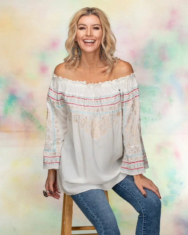 Riverside White Off Shoulder Embroidered Tunic