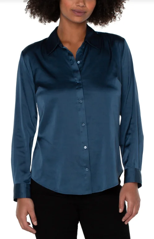 Sheri Deep Blue Button Front Long Sleeve Blouse