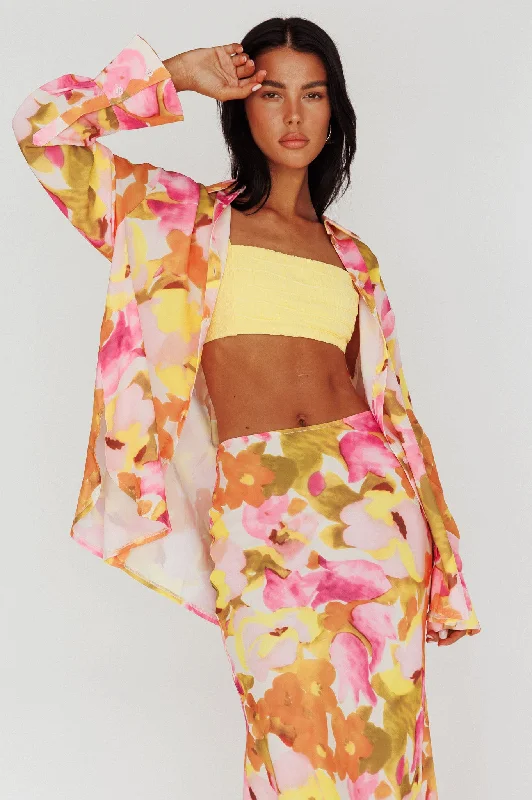 Vacation Long Sleeve Flared Cuff Shirt Pink/Yellow