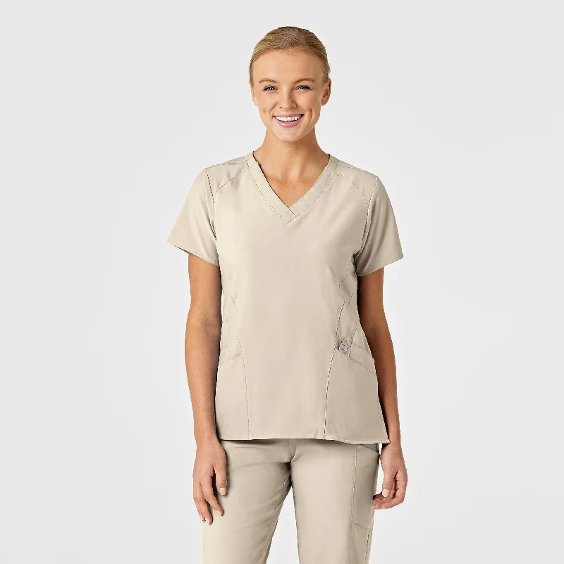 W123 Women's Stylized V-Neck Scrub Top - Khaki