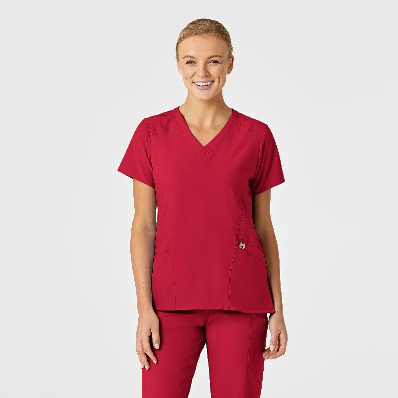 W123 Women's Stylized V-Neck Scrub Top - Red