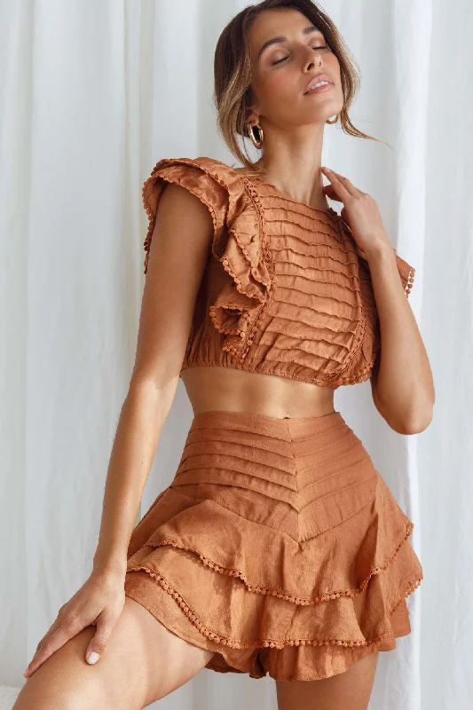 Wild And Free Pintuck Pleat And Ruffle Crop Top Tan