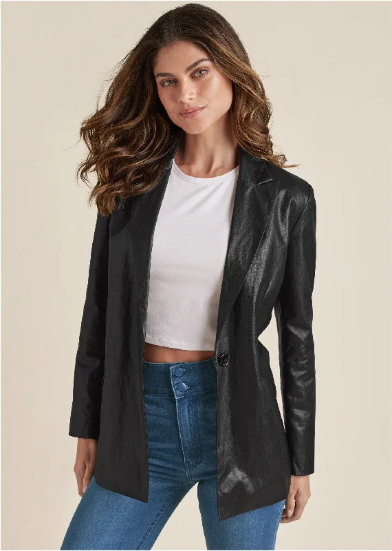 Faux-Leather Blazer - Black