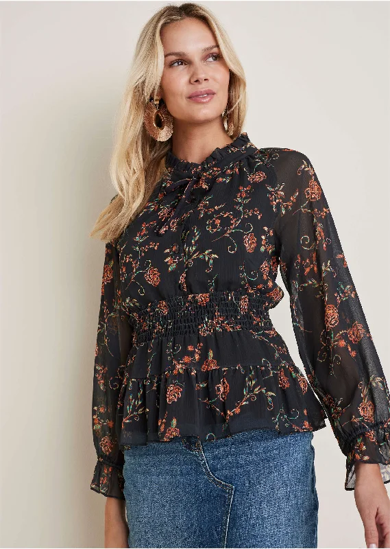 Sheer Printed Blouse - Gothic Roses