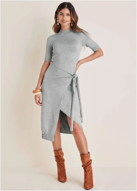 Tie Side Sweater Dress - Light Heather Grey