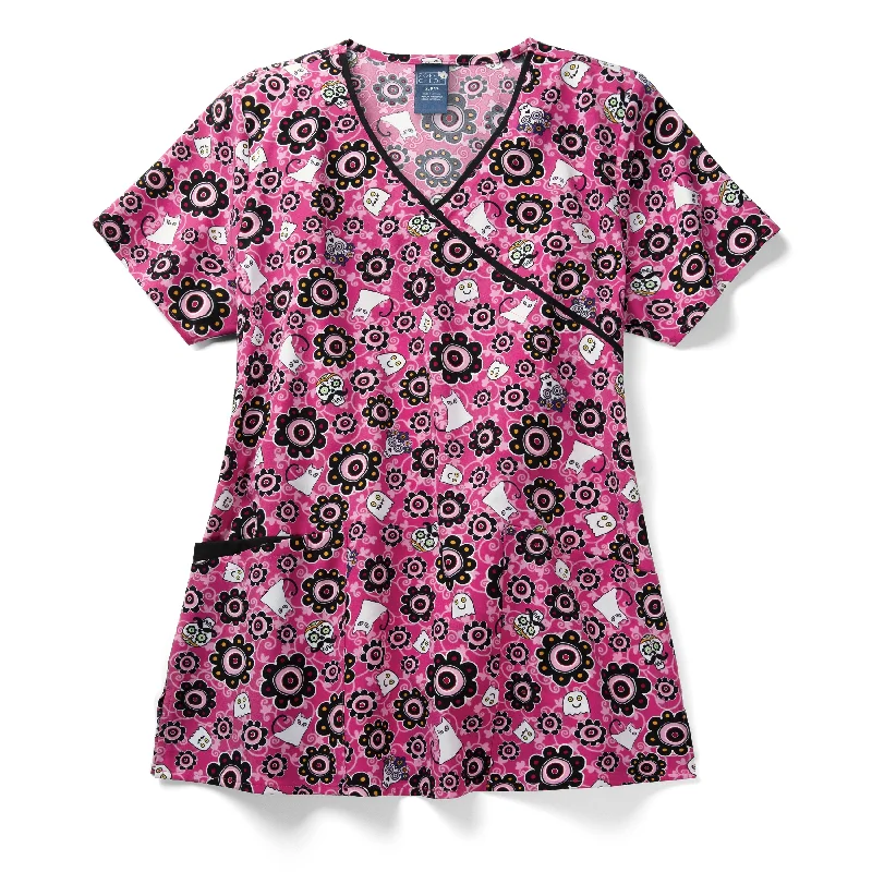 Zoe+Chloe Contrast Mock Wrap Print Scrub Top - Sugar Boo