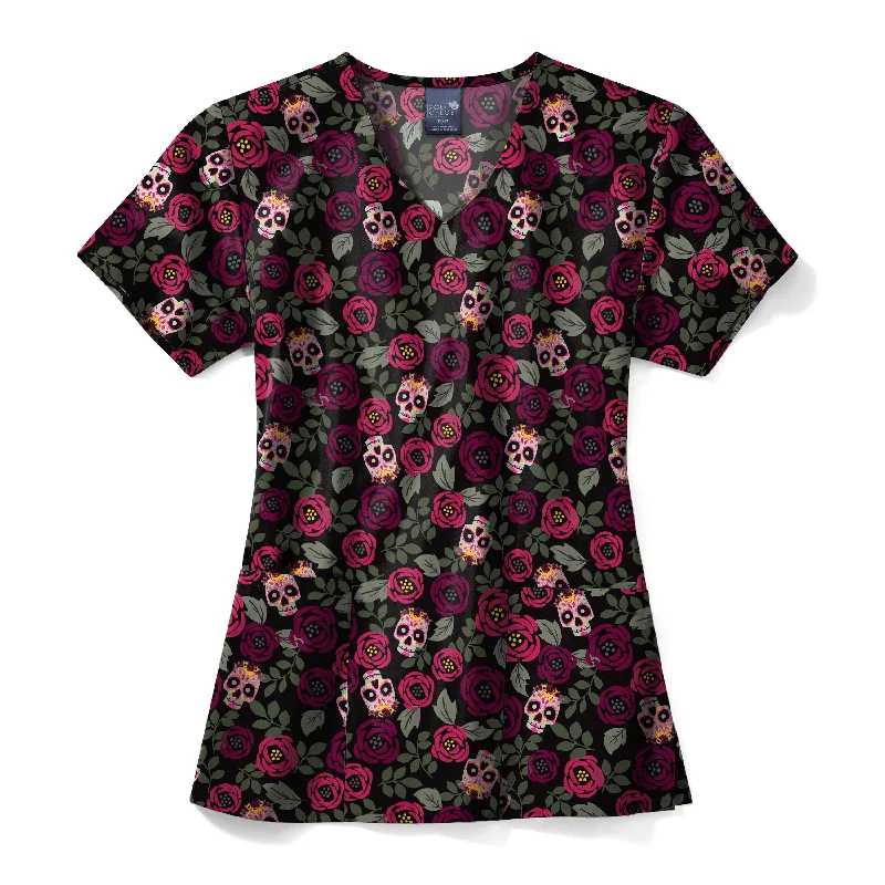 Zoe+Chloe Performance V-Neck Print Scrub Top - Sugar Skull Roses